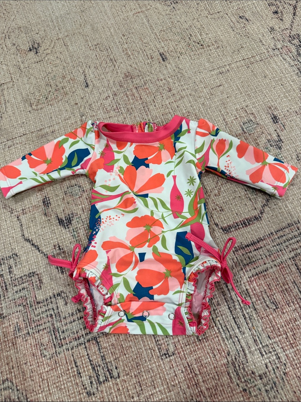 Ruffle Butts Floral Long-Sleeve Rashguard Swimsuit - Coral, Pink & Navy